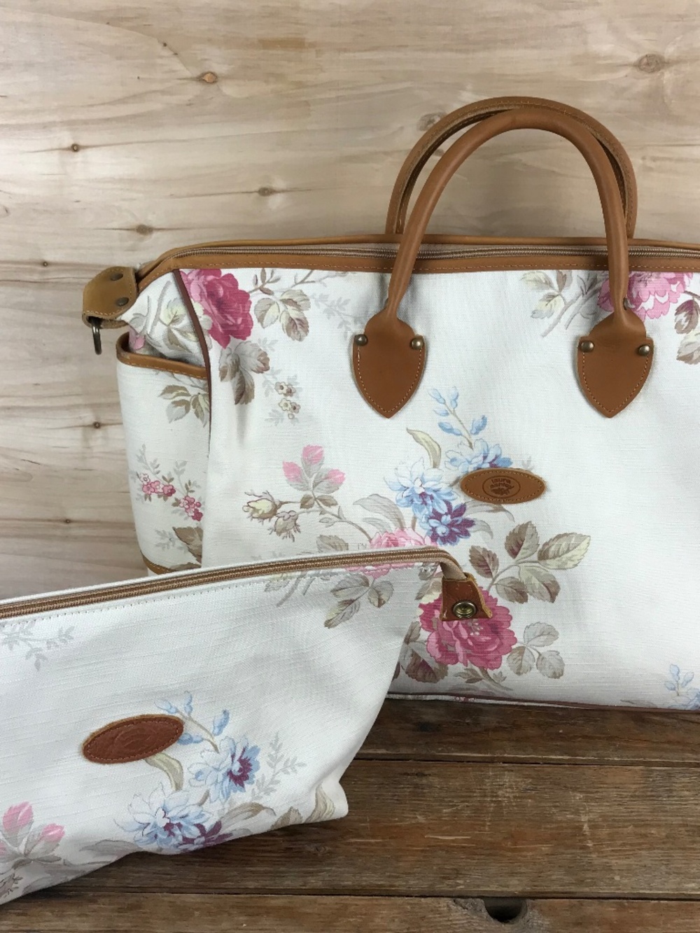 Vtg Laura Ashley Overnight Tote Bag Floral Canvas Cream Pink +‎ Pouch Msg Strap